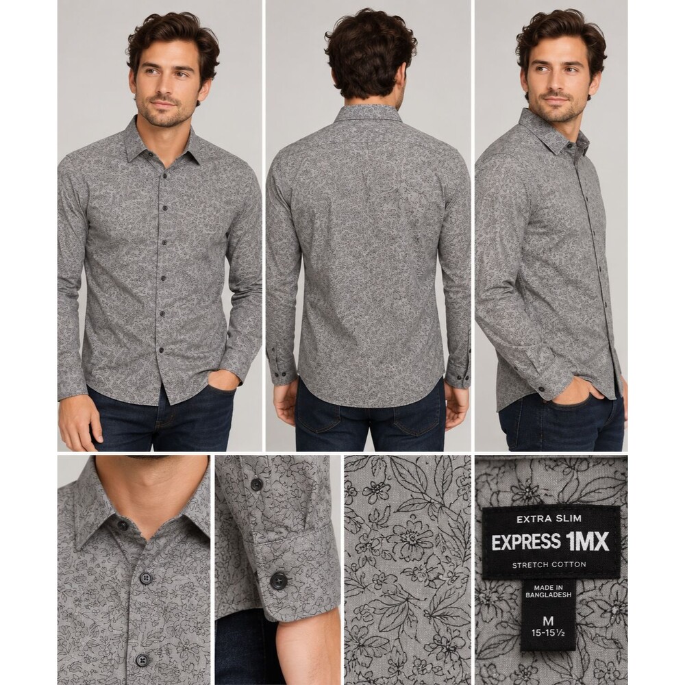 Express 1MX Extra Slim Fit Men's Gray Floral Stretch Cotton Shirt M 15-15.5 EUC